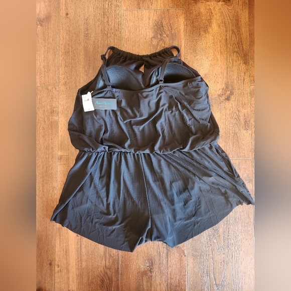 Aqua Green- Black Swimsuit Romper High Neck Swim Keyhole With Pockets OnePiece - Picture 6 of 8